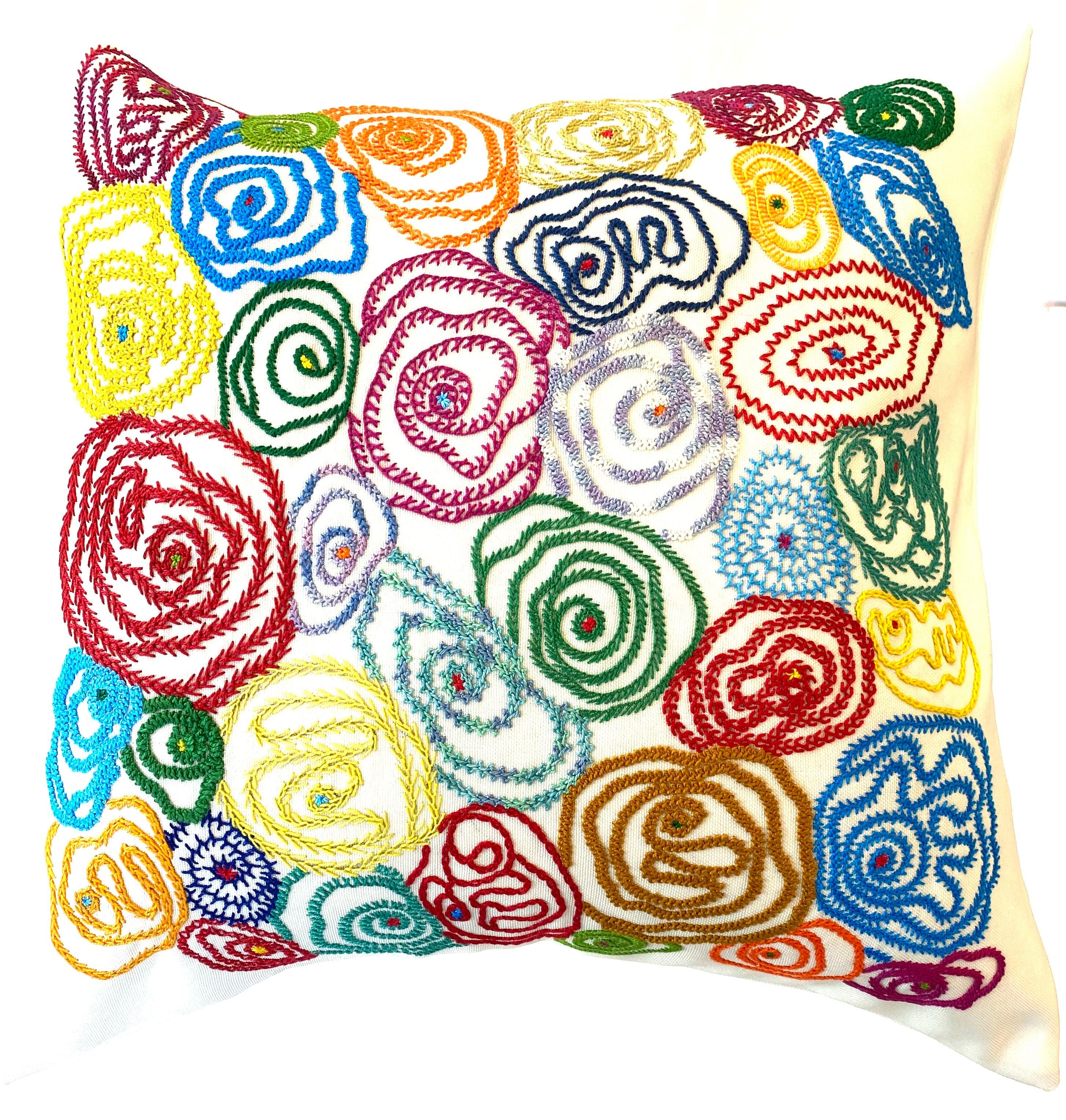 Spirals of Color Pillow on White Honduras Threads