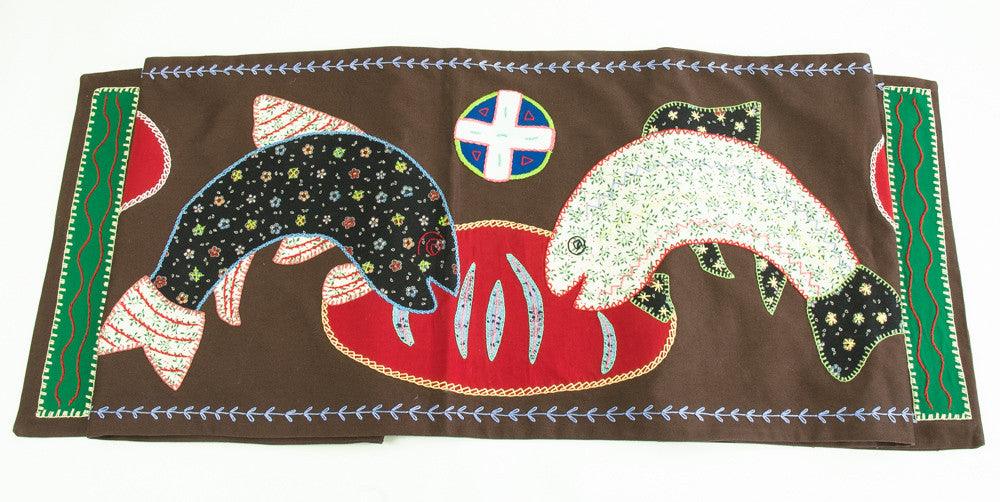 Pan y Pescado Design Embroidered Table Runner on Brown Honduras Threads