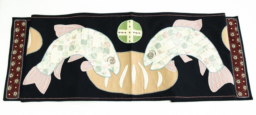 Pan y Pescado Design Embroidered Table Runner on black Honduras Threads