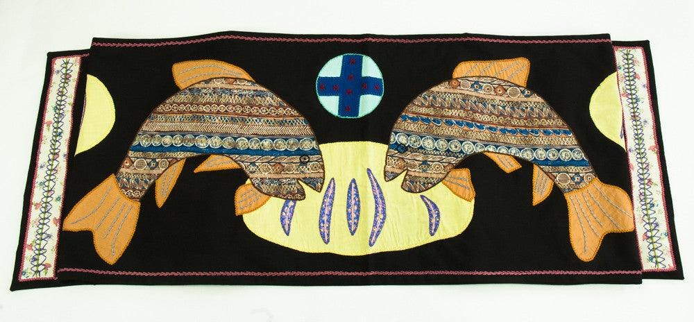Pan y Pescado Design Embroidered Table Runner on black Honduras Threads