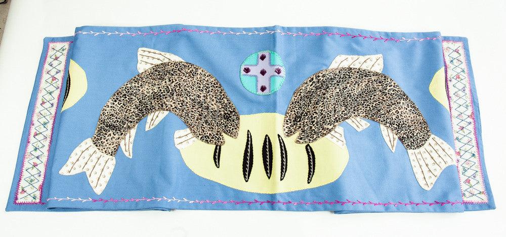 Pan y Pescado Design Embroidered Table Runner on blue Honduras Threads