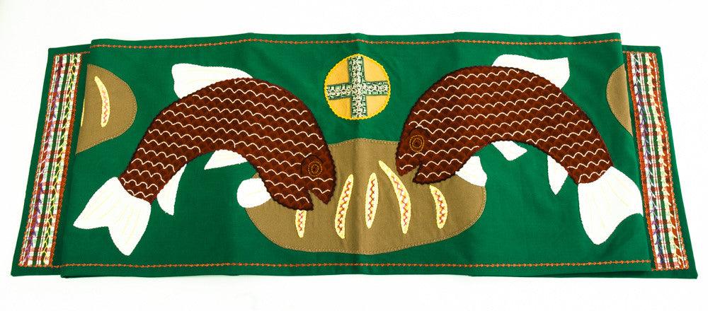 Pan y Pescado Design Embroidered Table Runner on green Honduras Threads