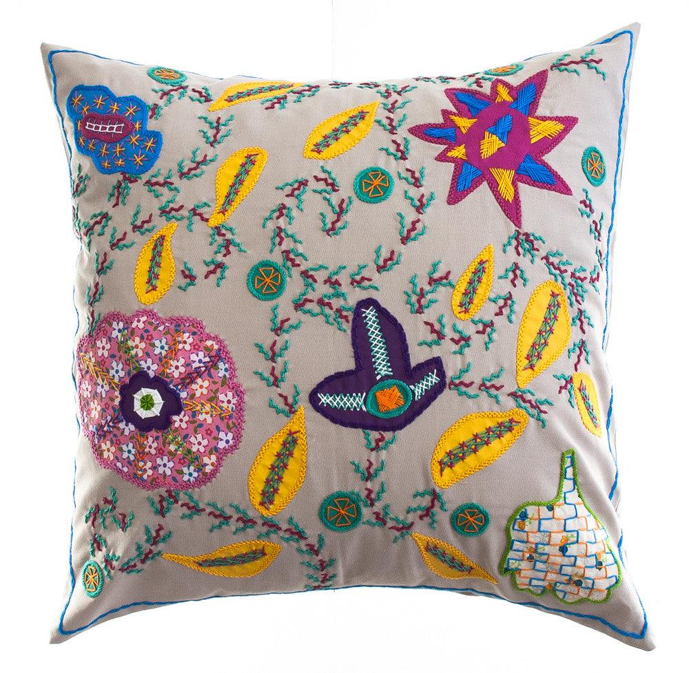 Rosas Design Hand-embroidered Pillow on Khaki Honduras Threads