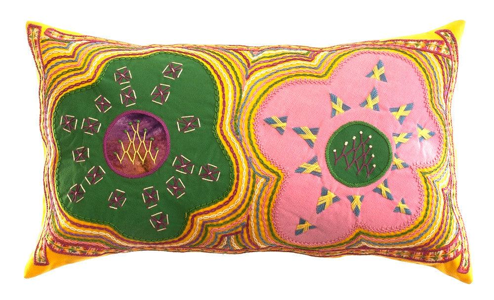 Dos Flores Design Embroidered Pillow on Gold Honduras Threads