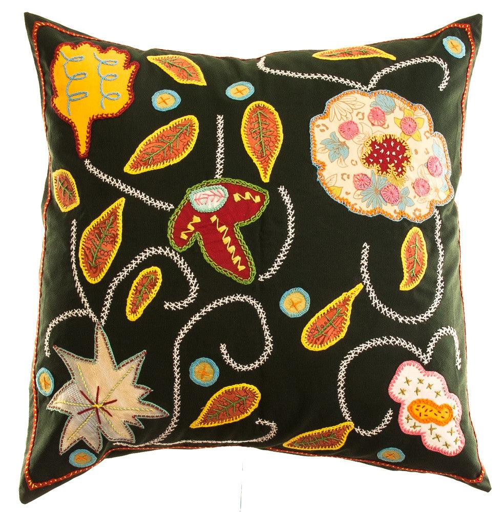 Rosas Design Embroidered Pillow on ink green Honduras Threads