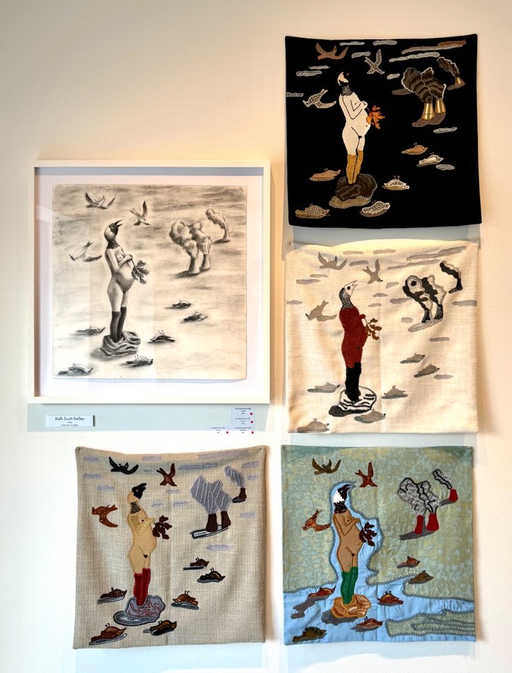 Collection of five framed artworks on a wall, featuring abstract figures and landscapes.