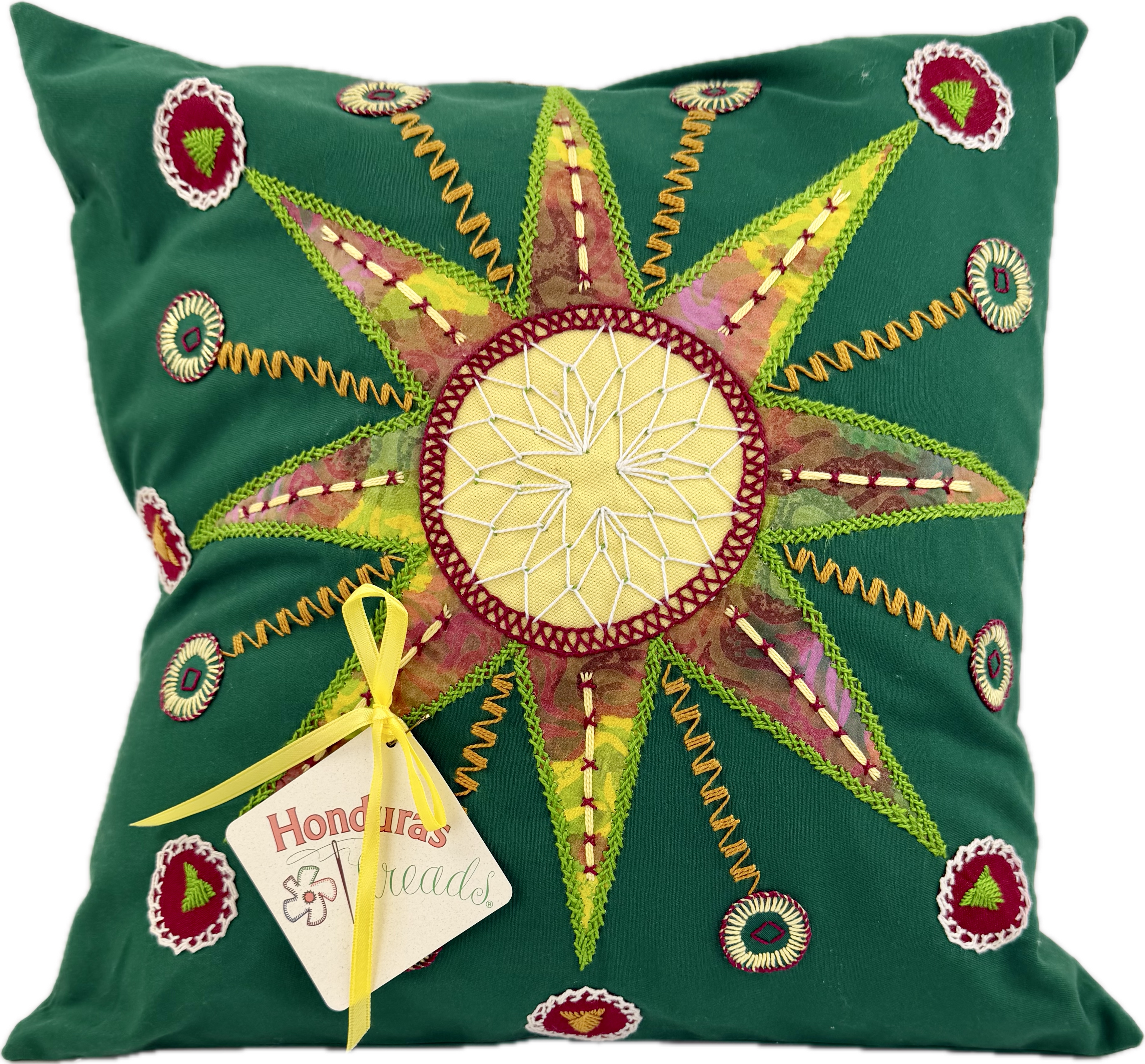 Sol Azul Design by Pamela Nelson. Hand Embroidered Pillow on dark brown Pamela Nelson