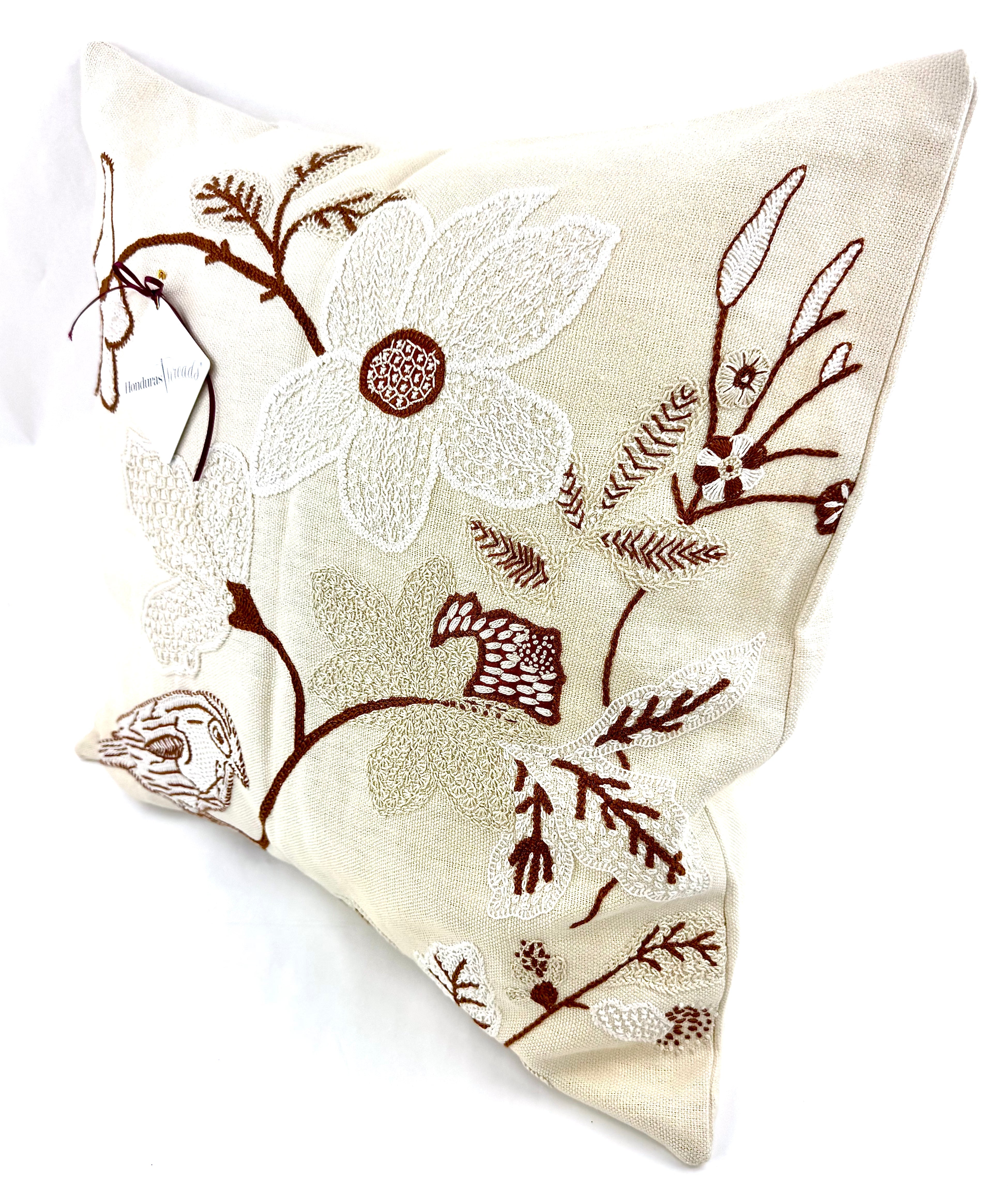 Bird on Dogwood Design by Julie England.  Hand Embroidered on white Honduras Threads