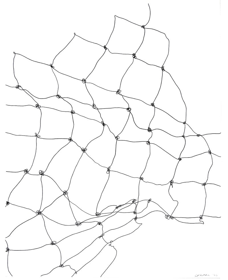 Stitched Network Design by Catherine MacMahon. Hand Embroidered Pillow on ecru Honduras Threads