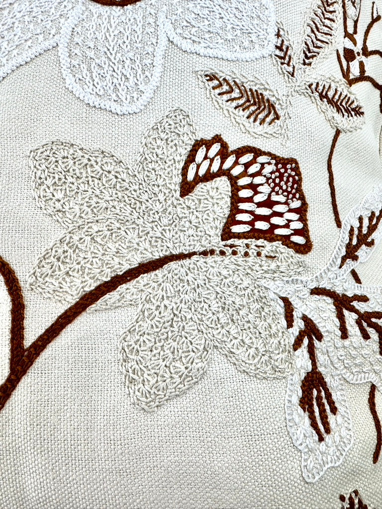 Bird on Dogwood Design by Julie England.  Hand Embroidered on white Honduras Threads