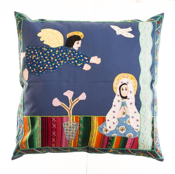 Anunciación Design Embroidered Pillow on Slate Blue Honduras Threads