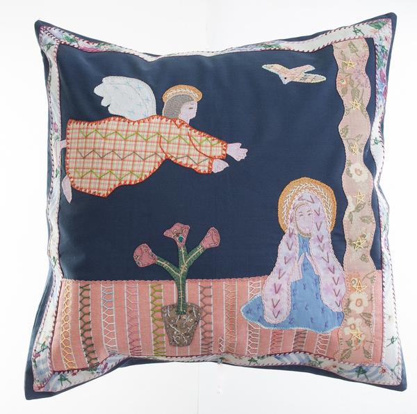 Anunciación Design Embroidered Pillow on Dark Slate Blue Honduras Threads
