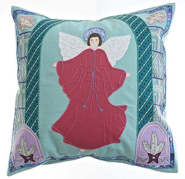 Angel Design Embroidered Pillow on Light Green Honduras Threads