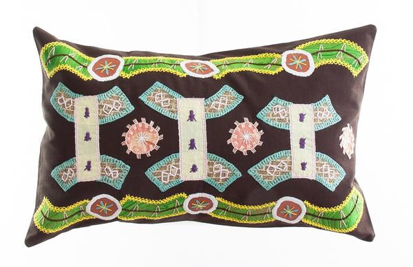Arcos Design Embroidered Pillow on Dark Brown Honduras Threads