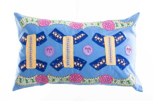 Arcos Design Embroidered Pillow on Blue Honduras Threads