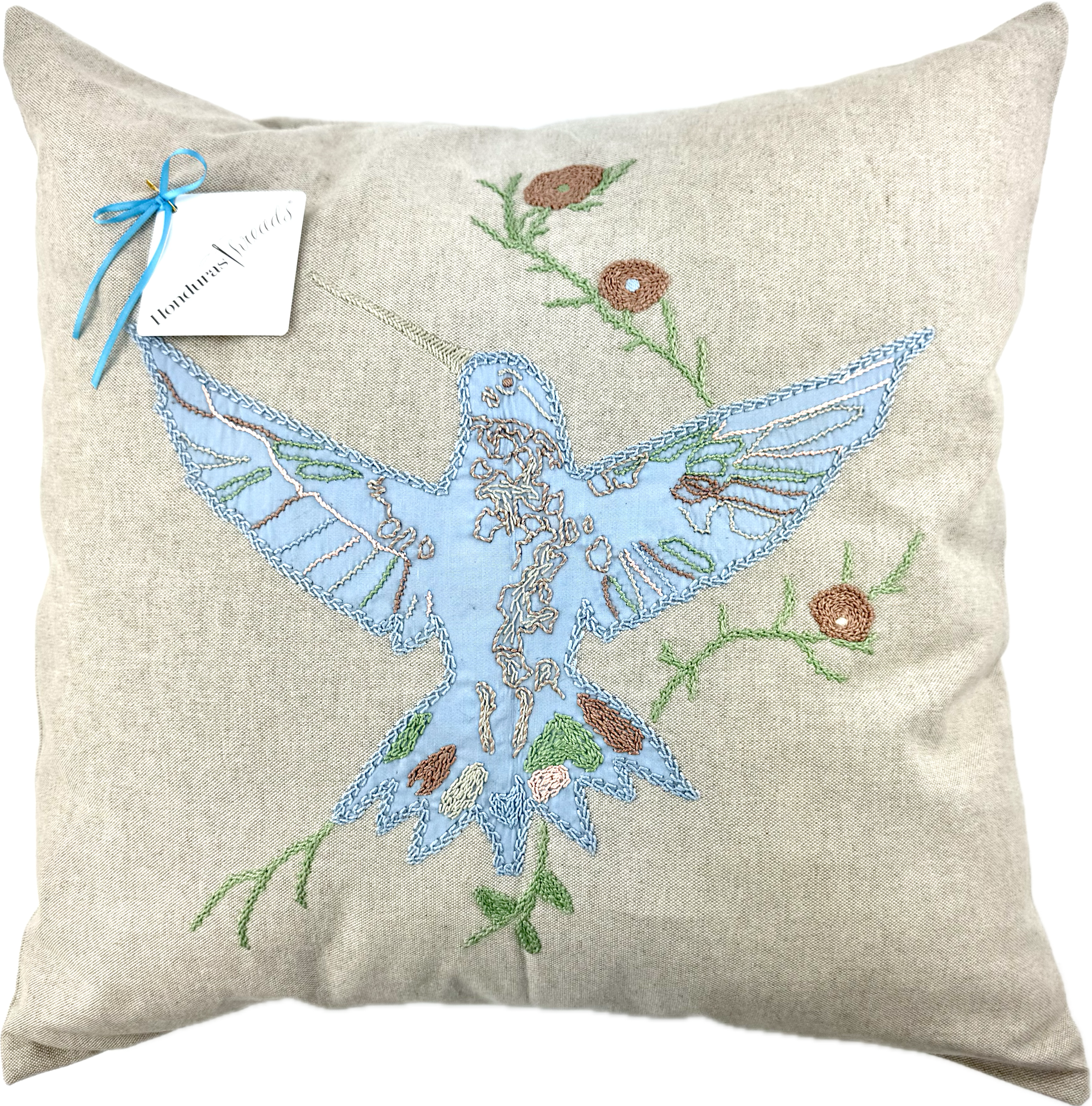 Hummingbird Design by Rachael Gardner.  Hand Embroidered on ecru Honduras Threads