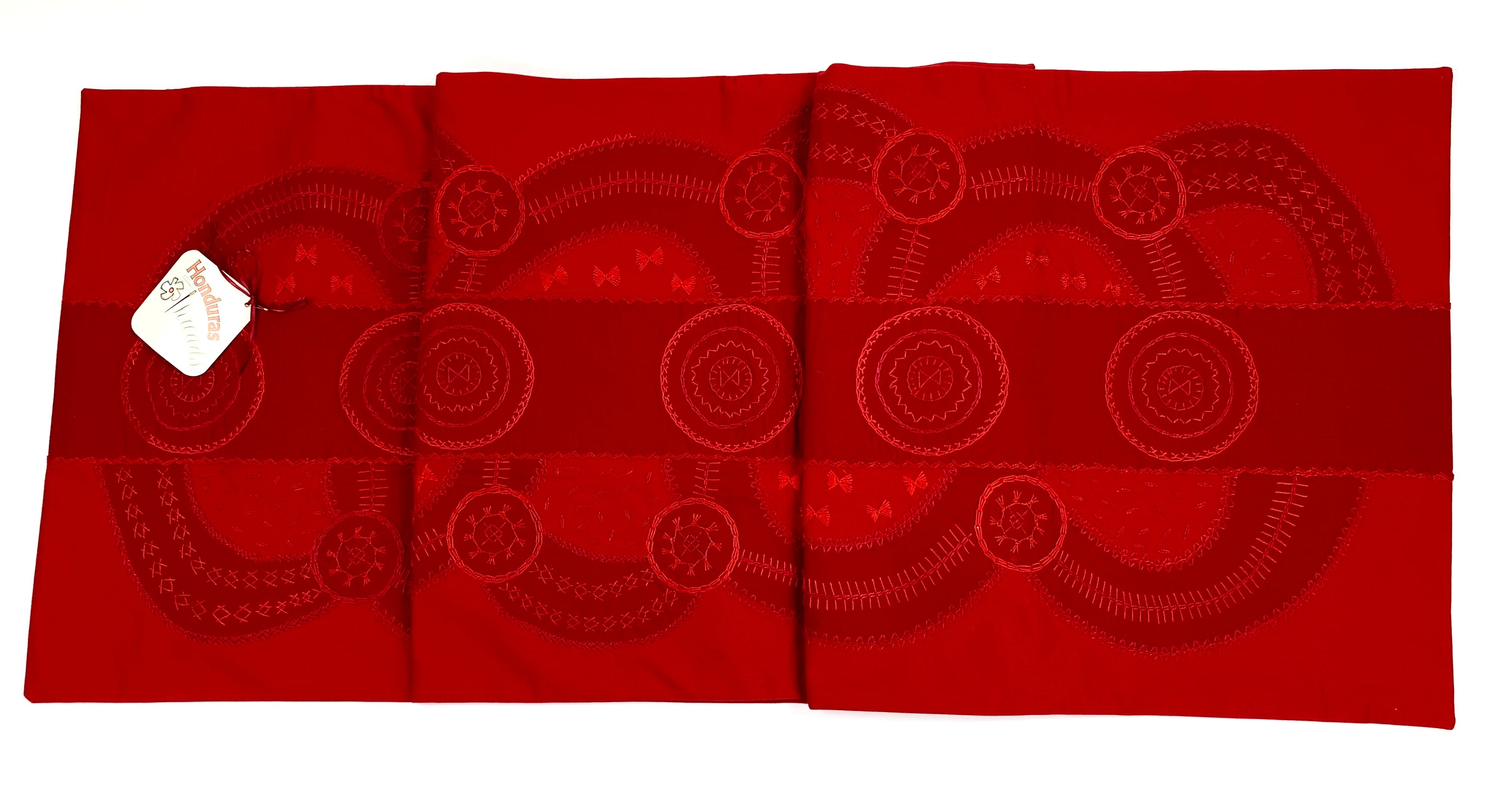 El Doce Design Embroidered Table Runner on red Honduras Threads