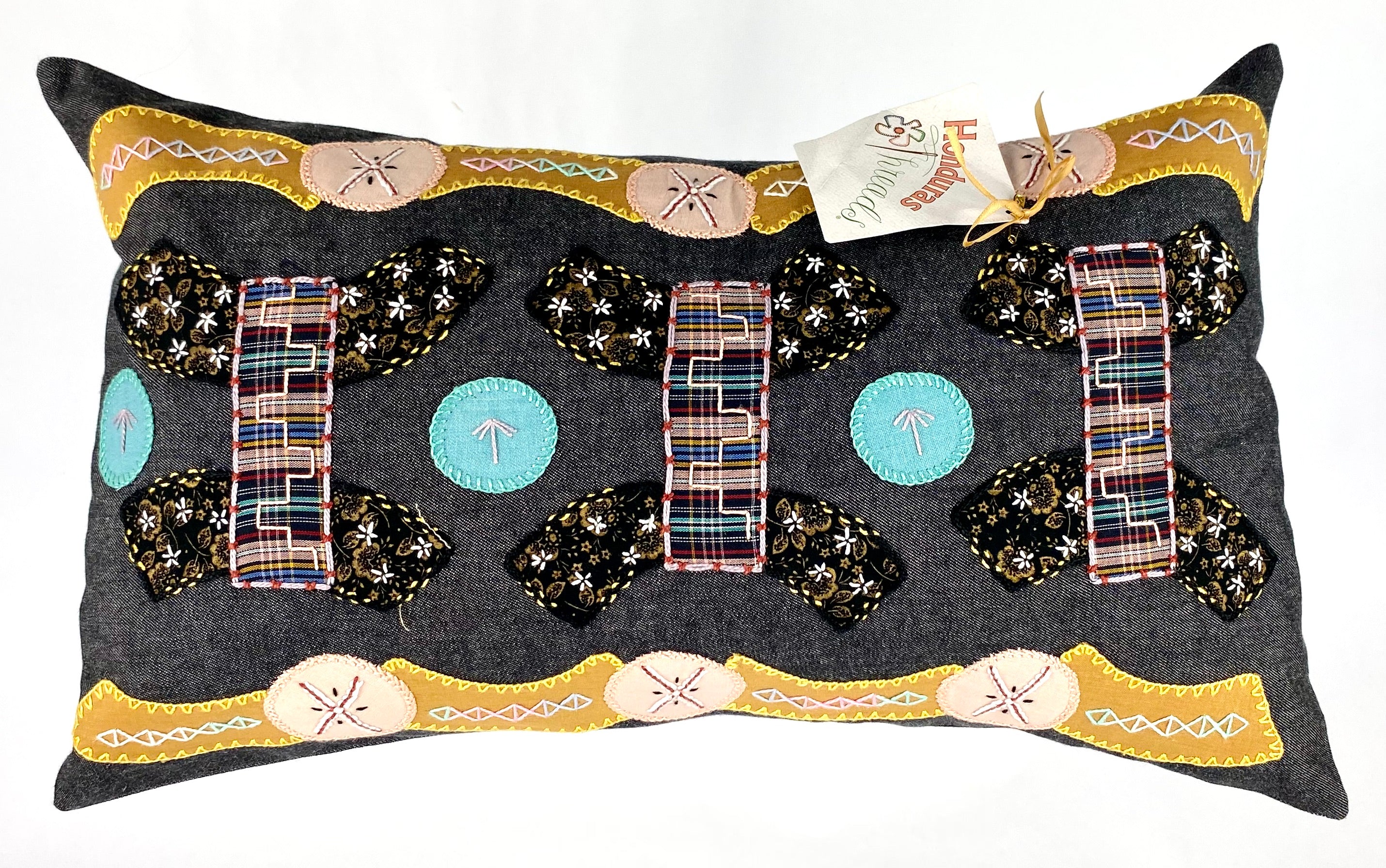 Piedras Lunar Design Embroidered Pillow on black Honduras Threads