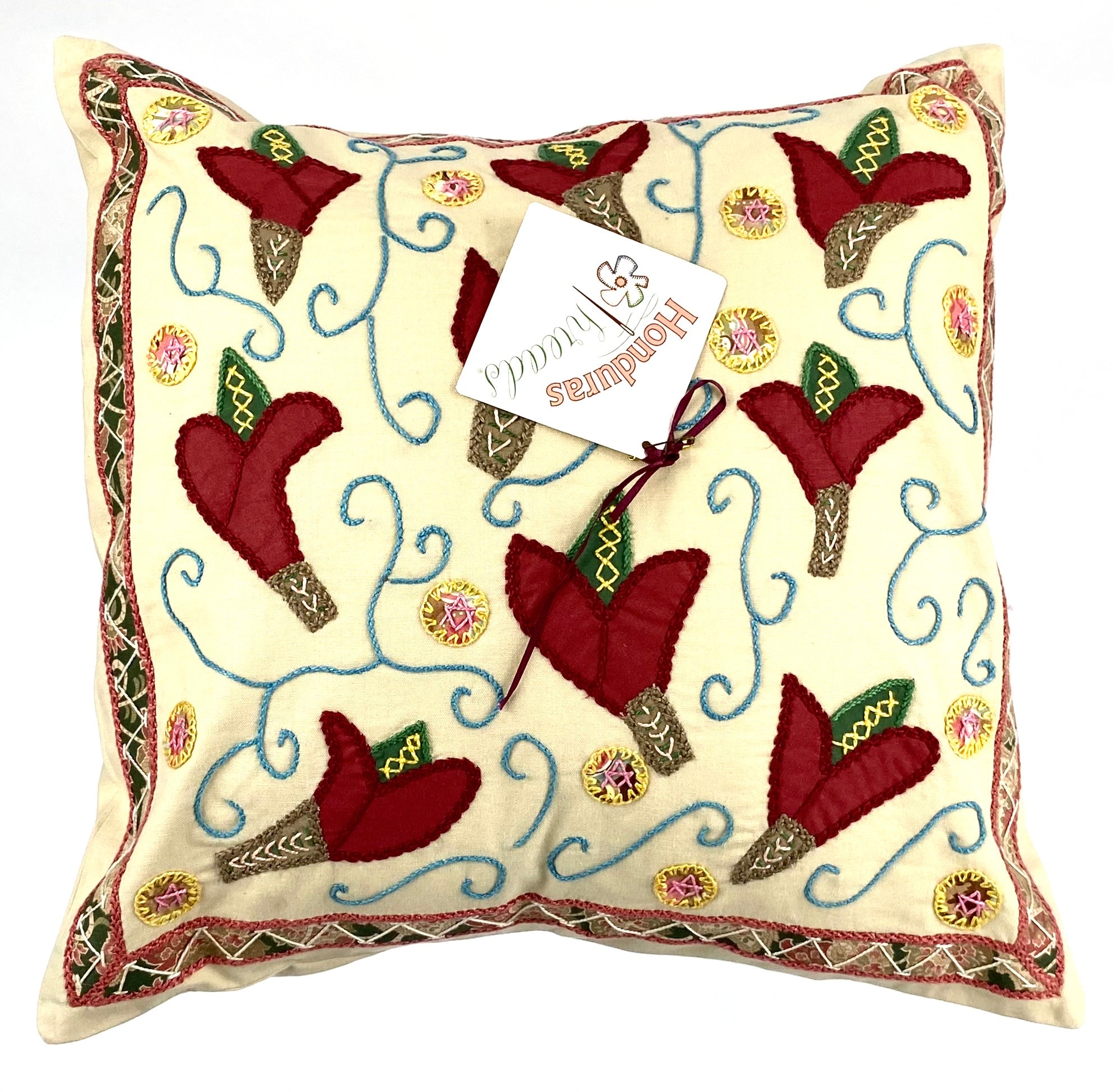 Lirios Design Embroidered Pillow on yellow Honduras Threads