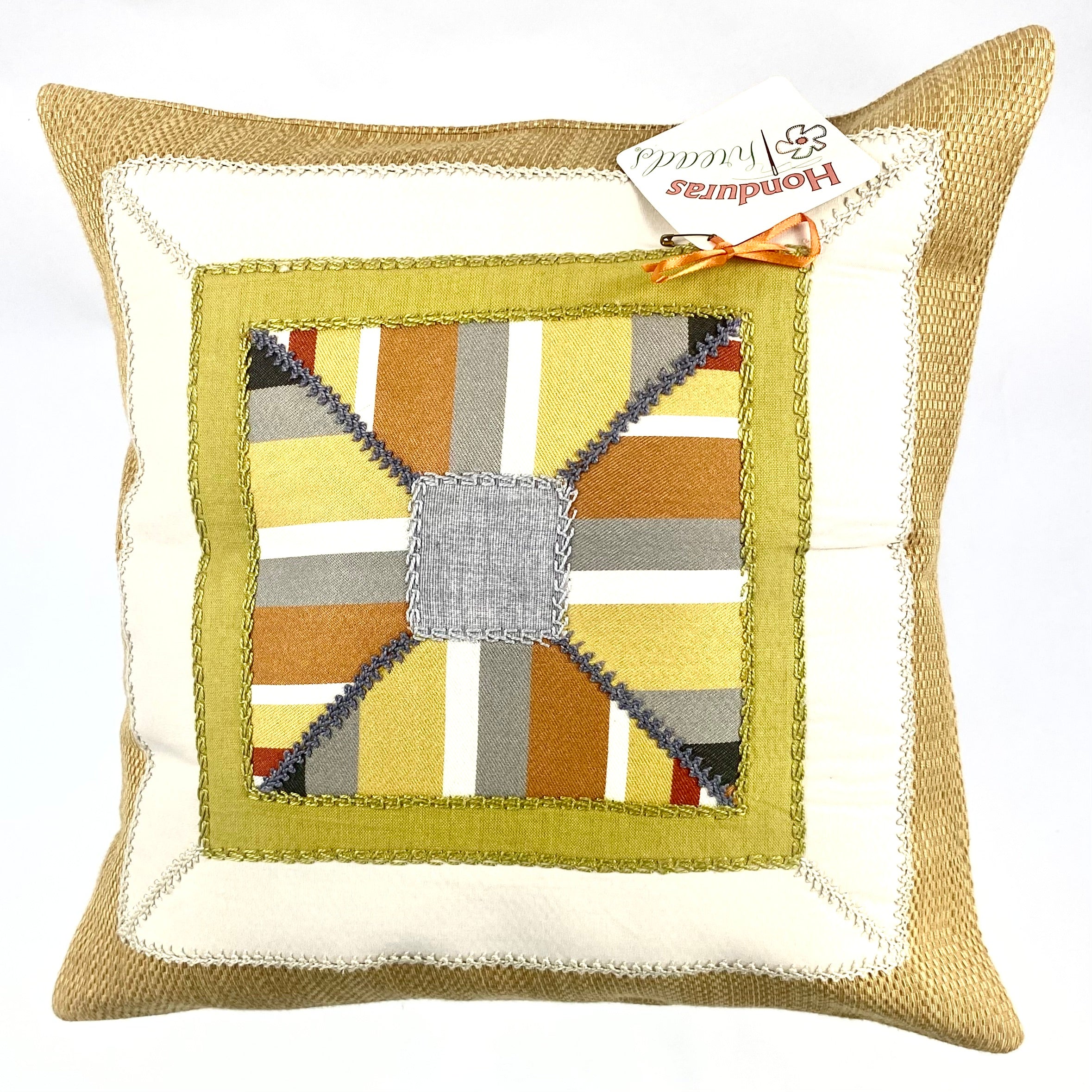 De Colores Design Embroidered Pillow on brown Honduras Threads