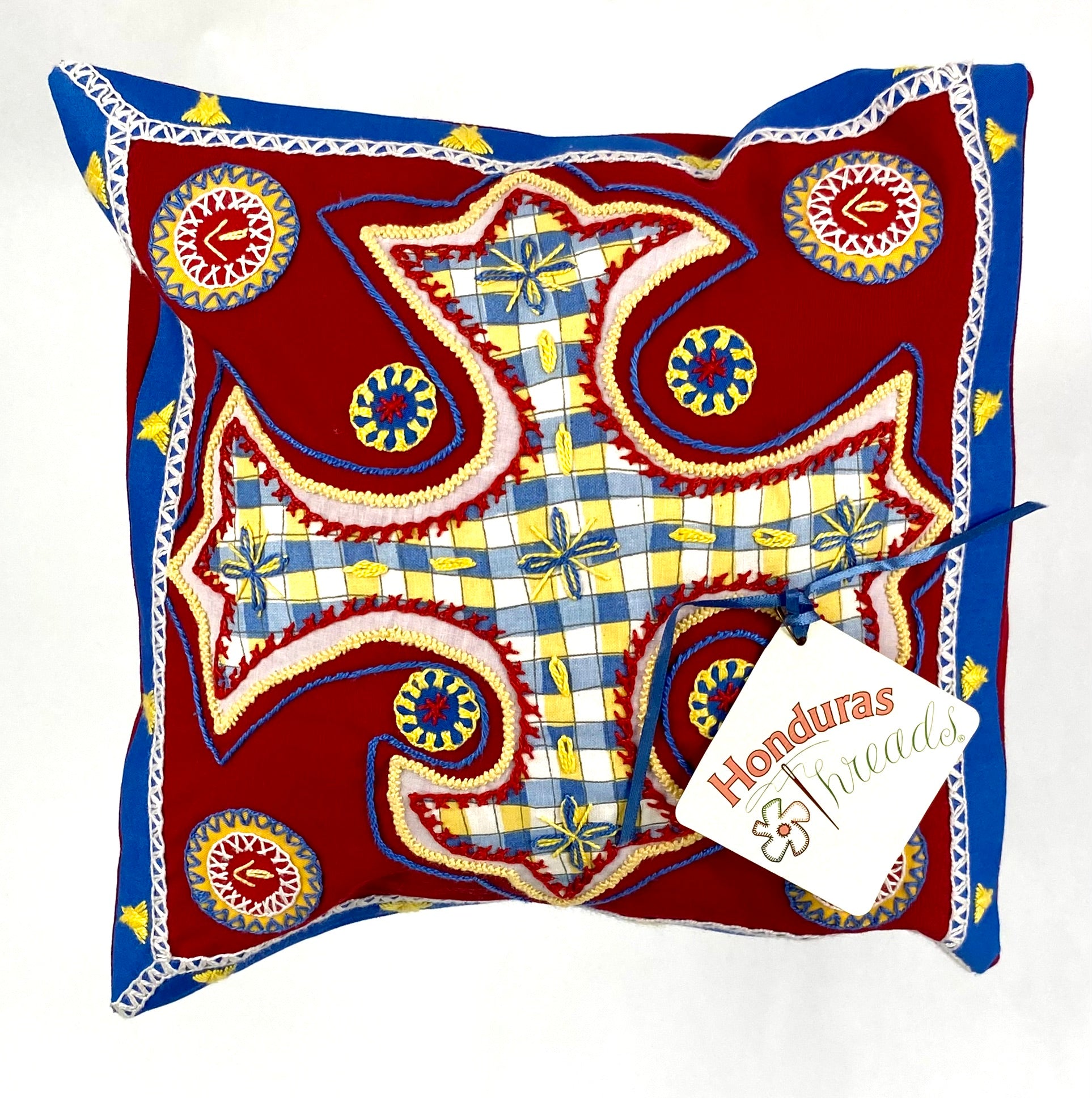 Cruz Dominicana Design Embroidered Pillow on red Honduras Threads