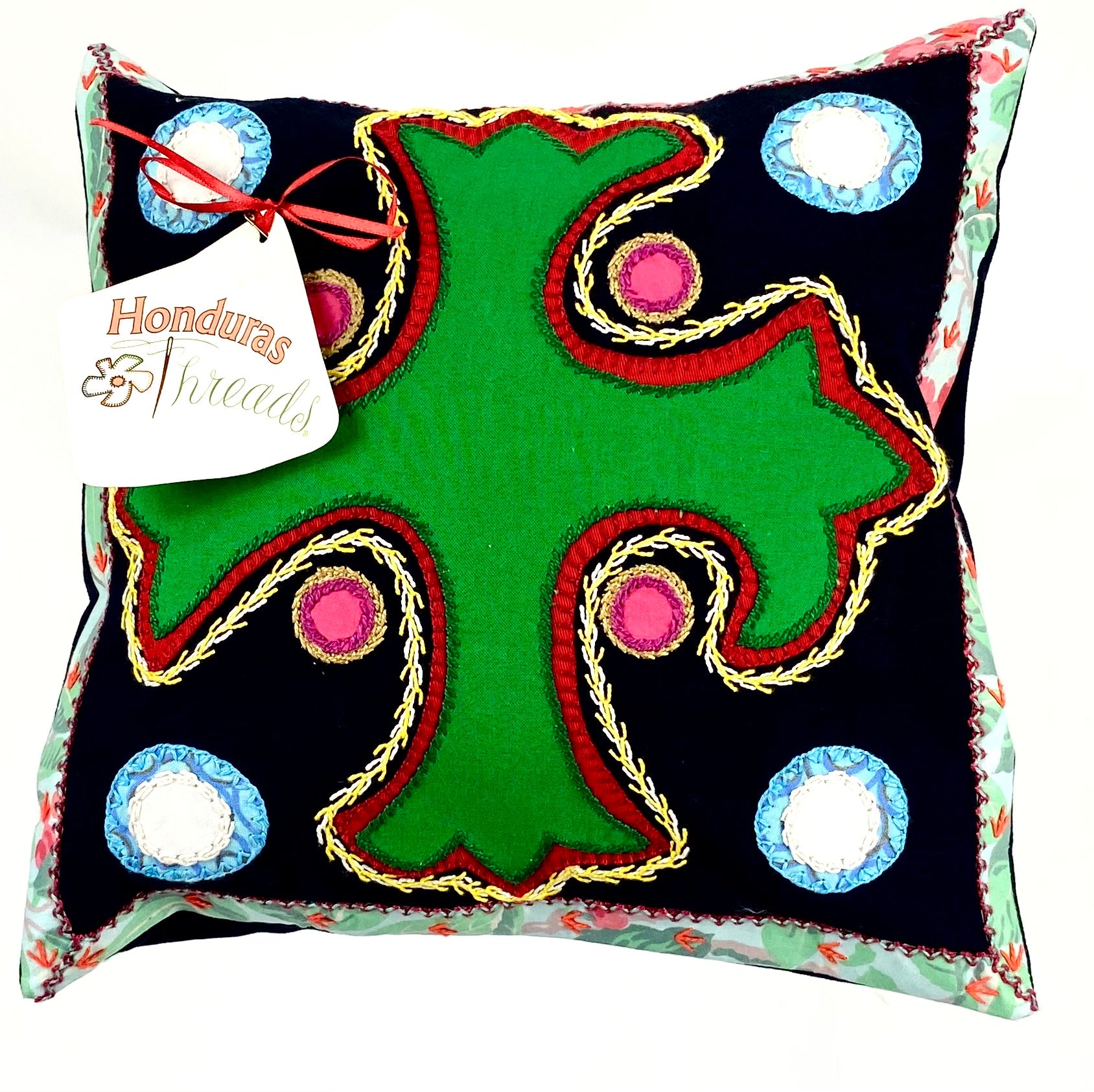 Cruz Dominicana Design Embroidered Pillow on black Honduras Threads