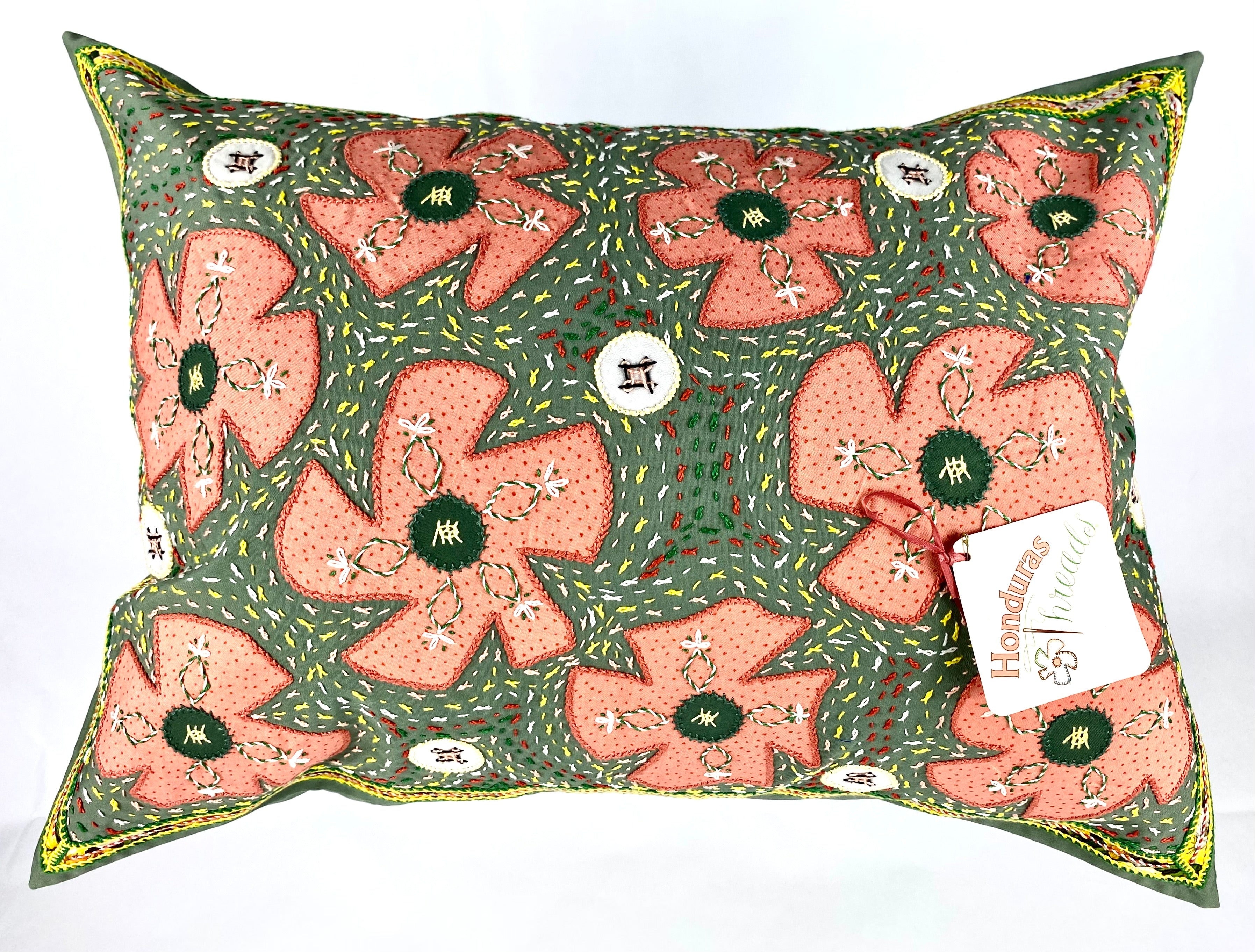 Flores Design Embroidered Pillow on green Honduras Threads