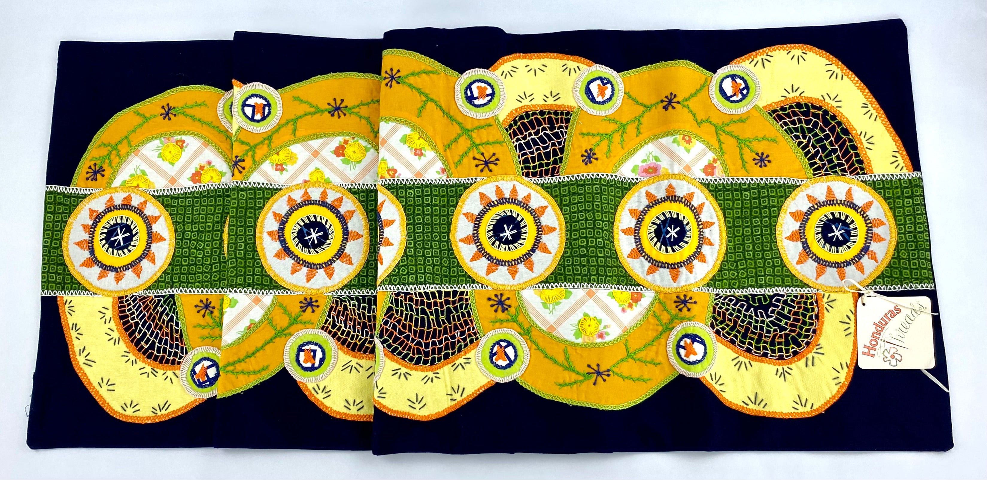 El Doce Design Embroidered Table Runner on navy Honduras Threads