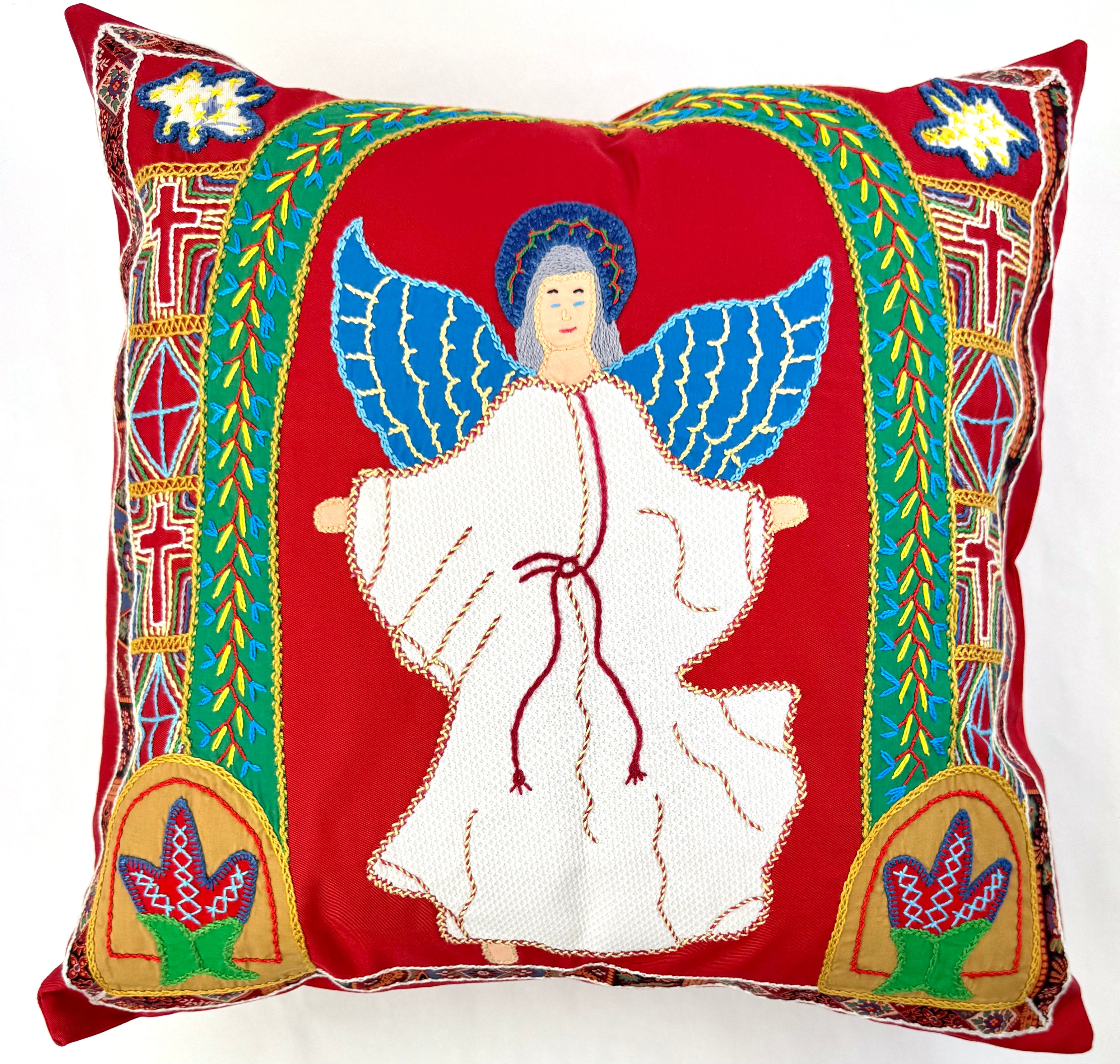 Angel Design Embroidered Throw Pillow on red Honduras Threads