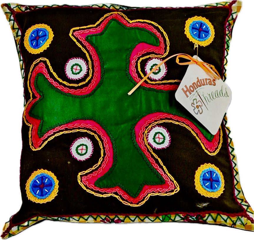 Cruz Dominicana Design by Pamela Nelson. Hand Embroidered Pillow on black Pamela Nelson