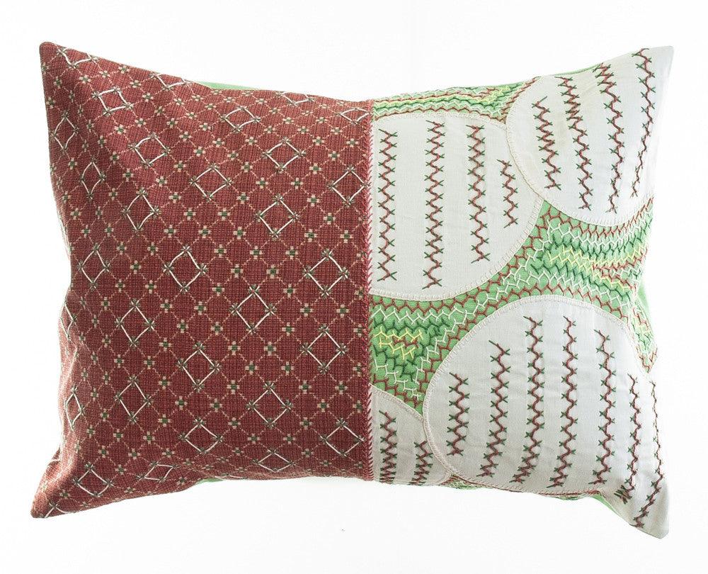 Cuadritos Design Embroidered Pillow on light green Honduras Threads