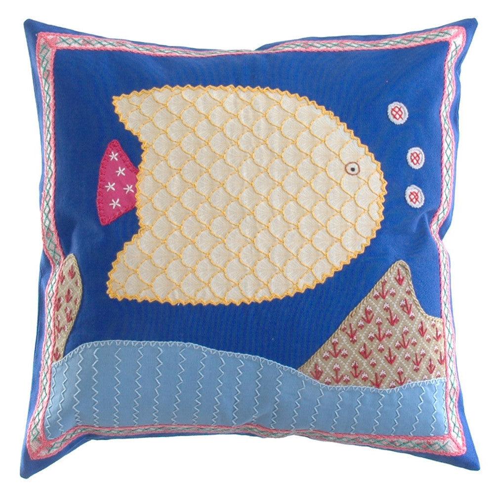 Pescado Design Embroidered Pillow on Blue Honduras Threads