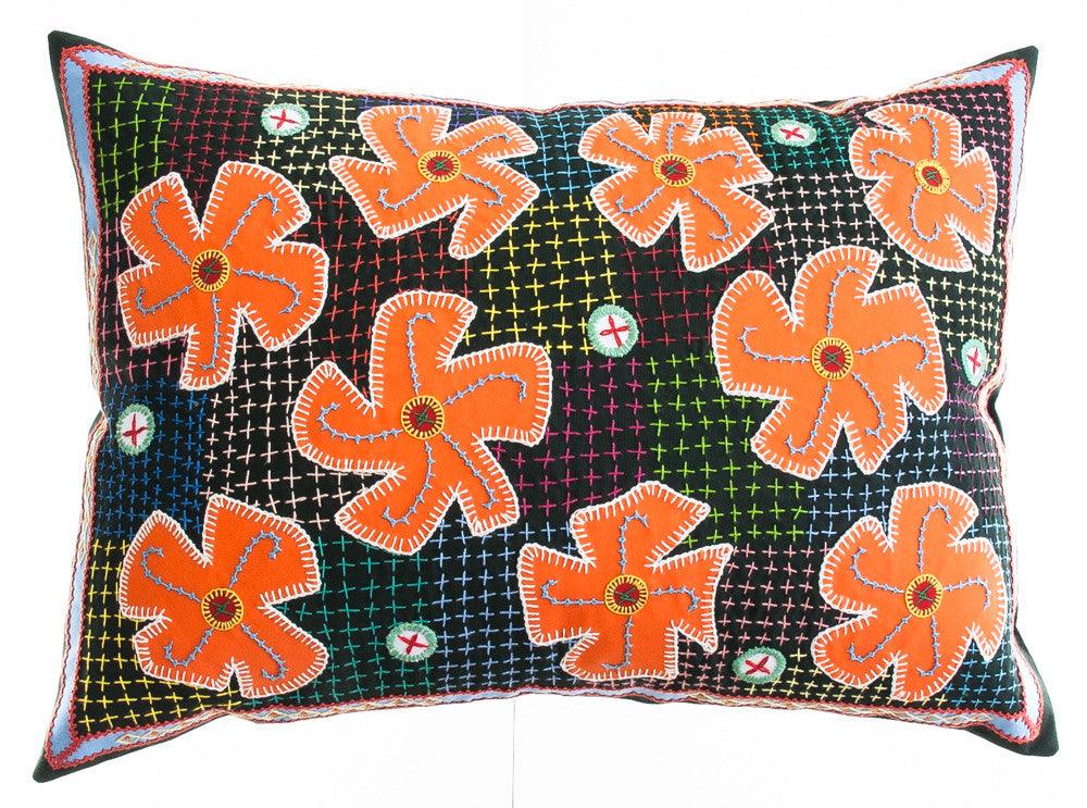 Flores Design Embroidered Pillow on dark green Honduras Threads