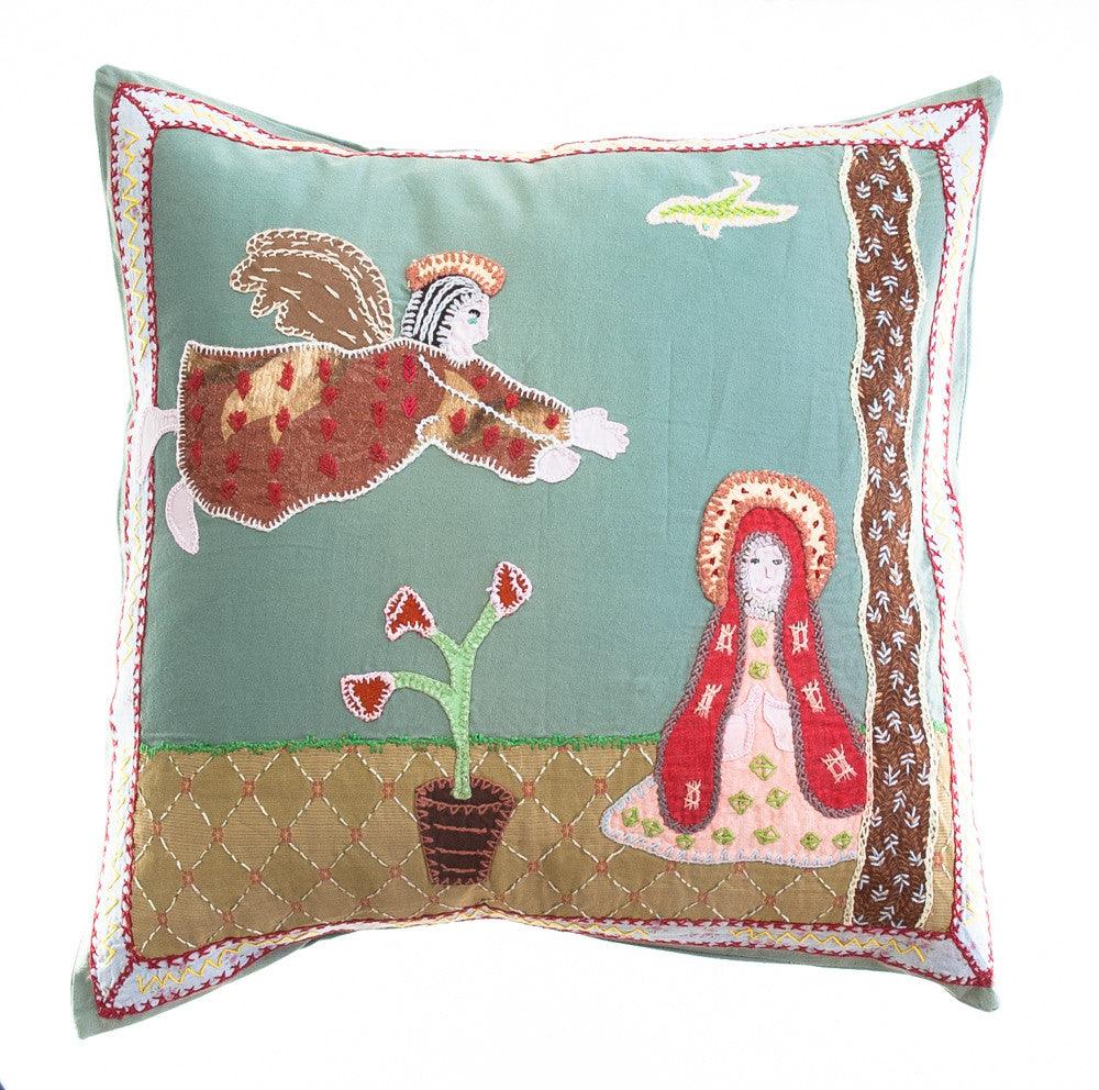Anunciación Design Embroidered Pillow on teal Honduras Threads