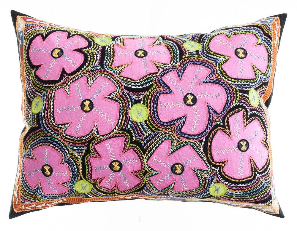 Flores Design Embroidered Pillow on black Honduras Threads