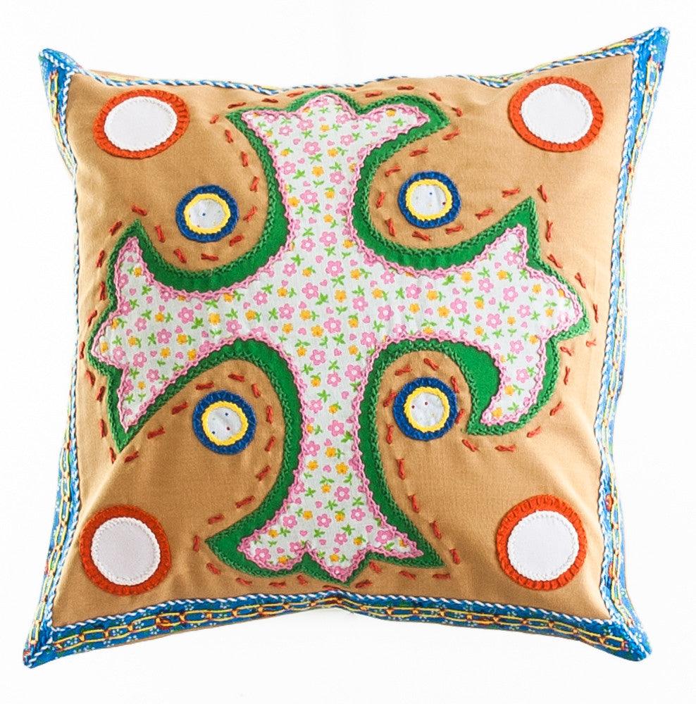 Cruz Dominicana Design Embroidered Pillow on caramel Honduras Threads