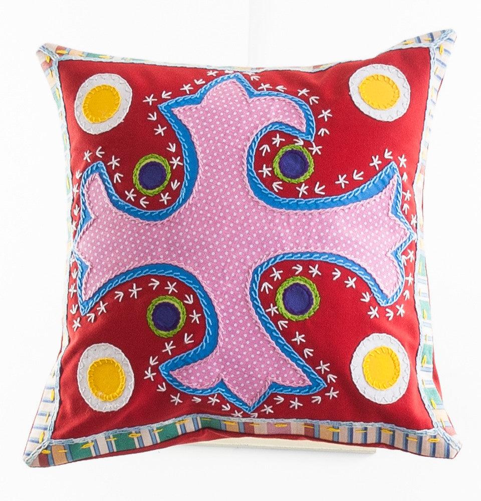 Cruz Dominicana Design Embroidered Pillow on red Honduras Threads
