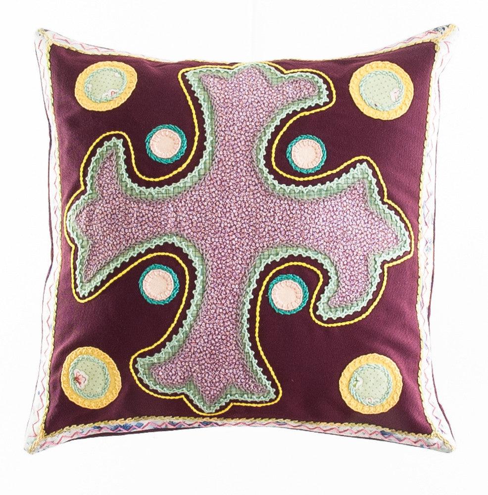 Cruz Dominicana Design Embroidered Pillow on maroon Honduras Threads