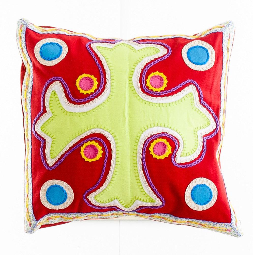 Cruz Dominicana Design Embroidered Pillow on red Honduras Threads