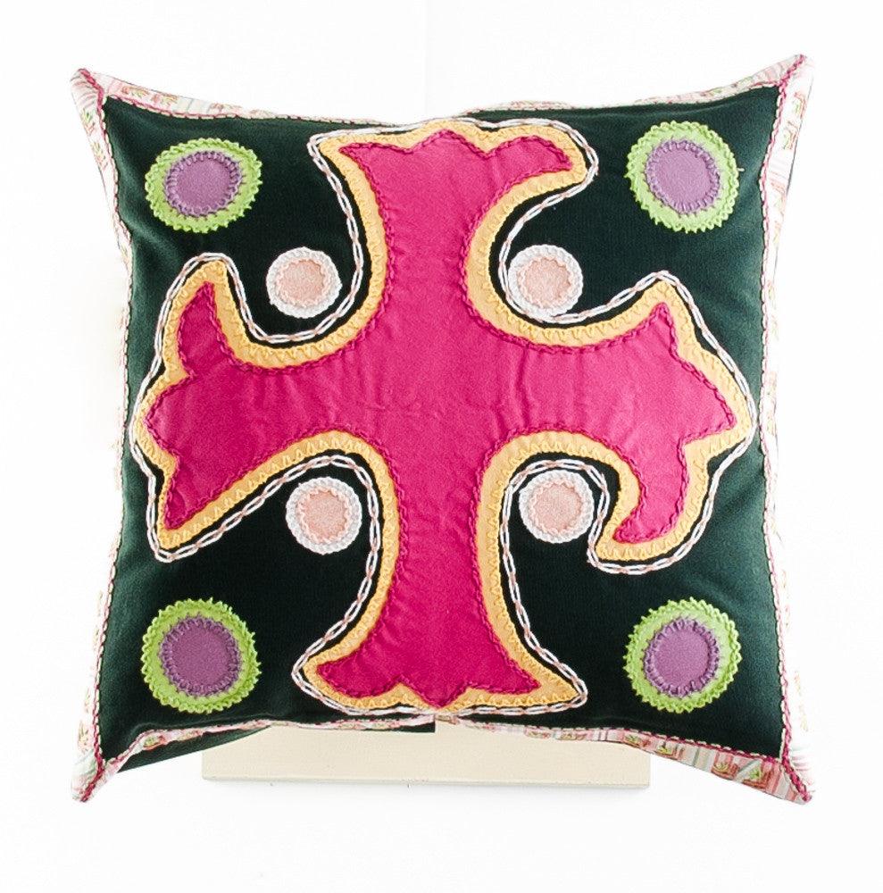 Cruz Dominicana Design Embroidered Pillow on dark green Honduras Threads