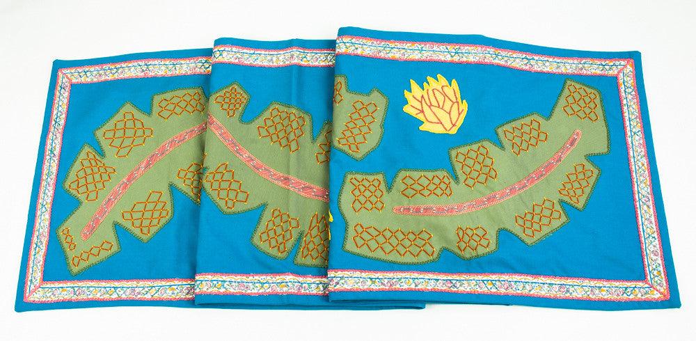 Hojas Design Embroidered Table Runner on Turquoise Honduras Threads