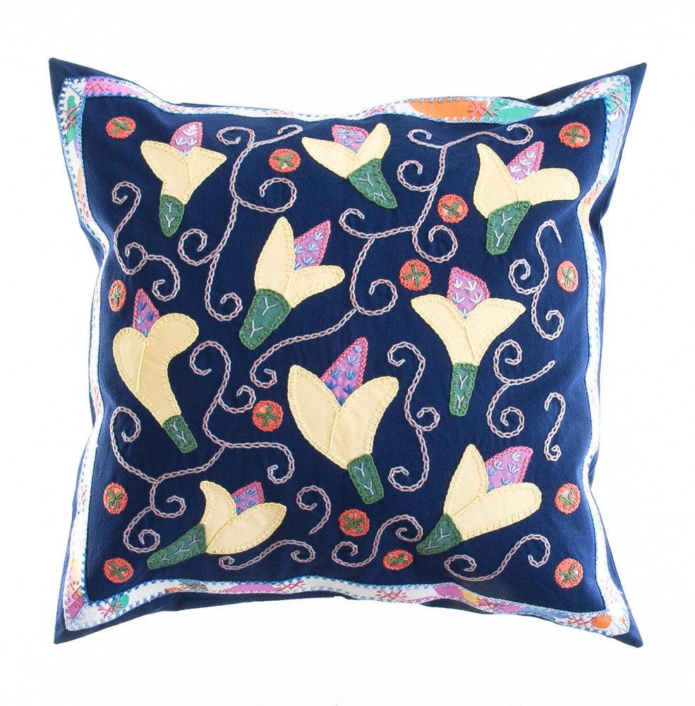 Lirios Design Embroidered Pillow on Navy Honduras Threads