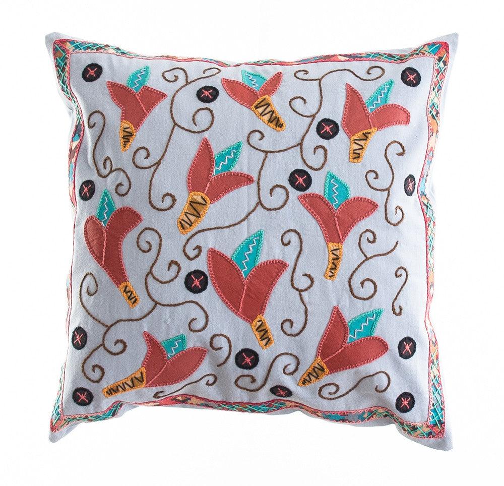 Lirios Design Embroidered Pillow on Gray Honduras Threads