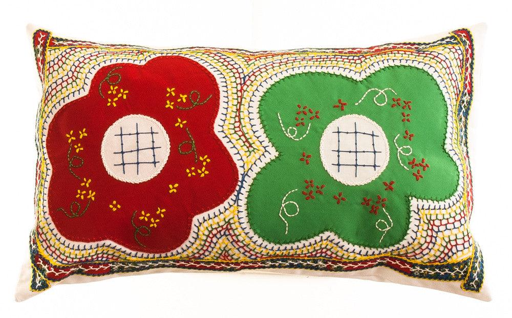 Dos Flores Design Embroidered Pillow on white Honduras Threads