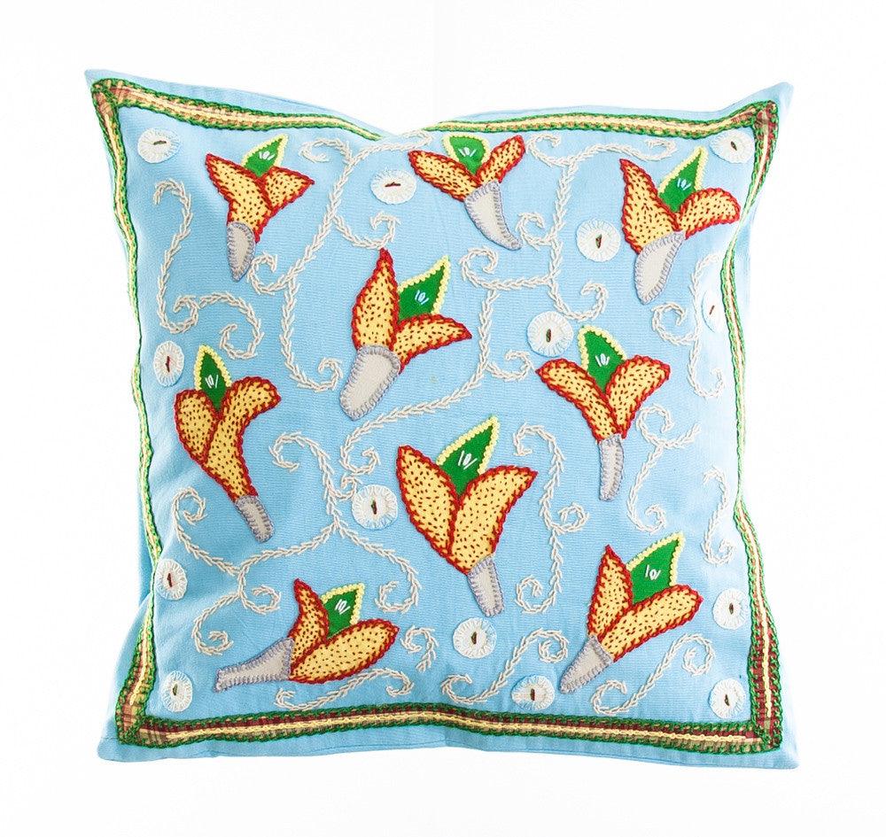 Lirios Design Embroidered Pillow on Light blue Honduras Threads