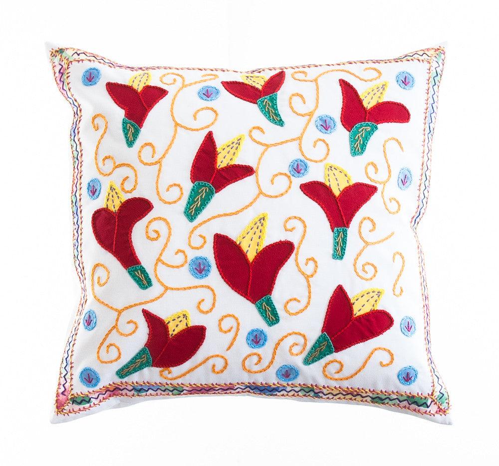 Lirios Design Embroidered Pillow on white Honduras Threads