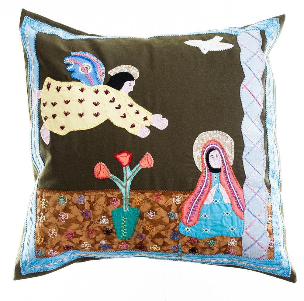 Anunciación Design Embroidered Pillow on dark olive Honduras Threads