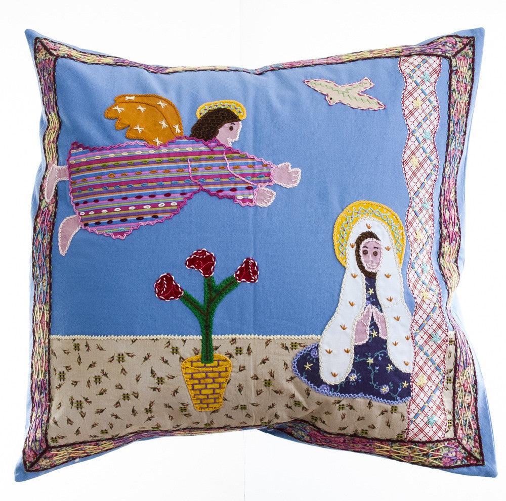 Anunciación Design Embroidered Pillow on blue Honduras Threads