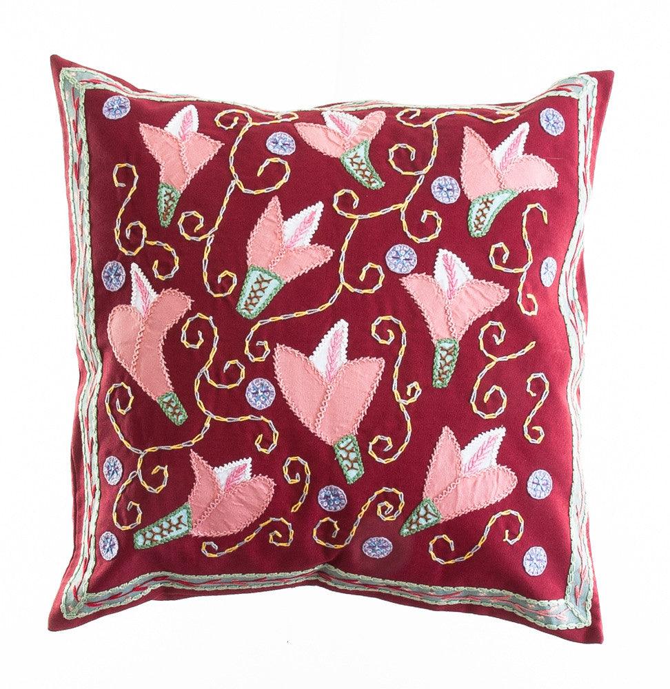 Lirios Design Embroidered Pillow on red Honduras Threads