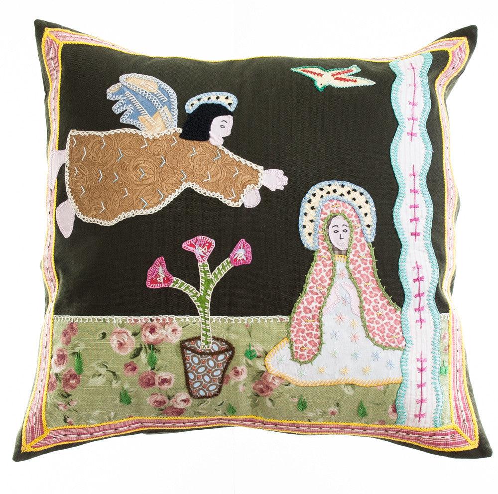 Anunciación Design Embroidered Pillow on dark olive Honduras Threads